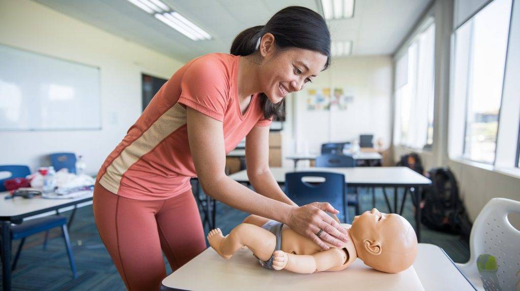 a woman practices first aid on an infant manakin