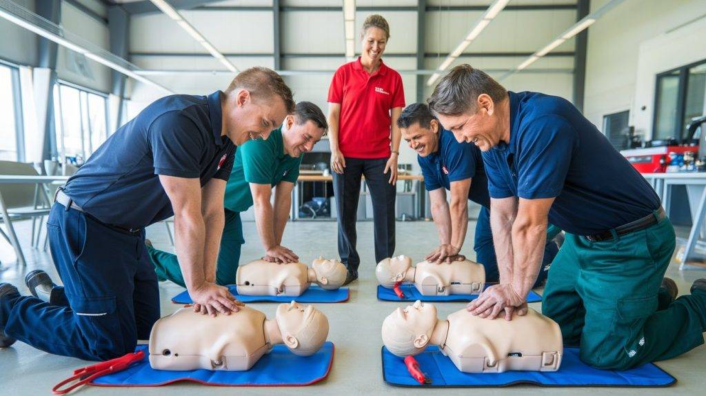 four mechanics practice cpr while a trainer looks on in an onsite course