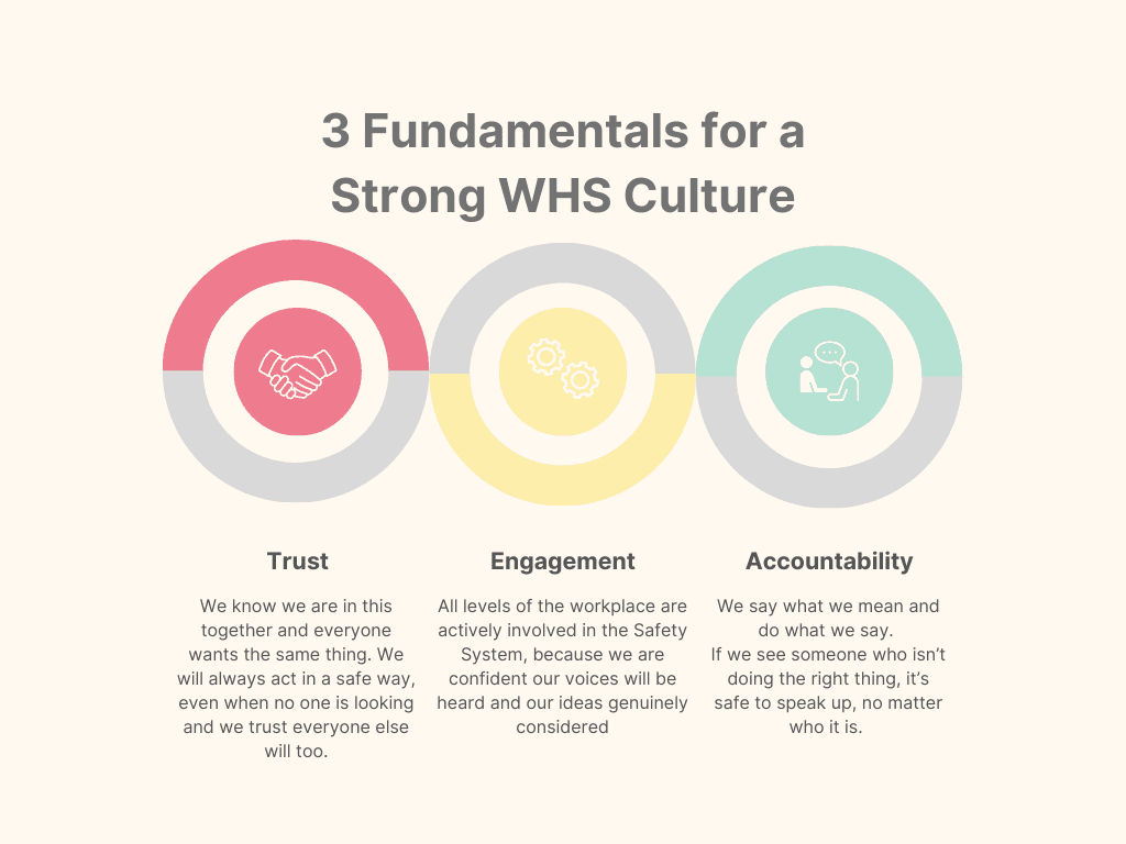 Summary graphic of 3 fundamentals for a string WHS culture - Trust, Engagement and Accountability