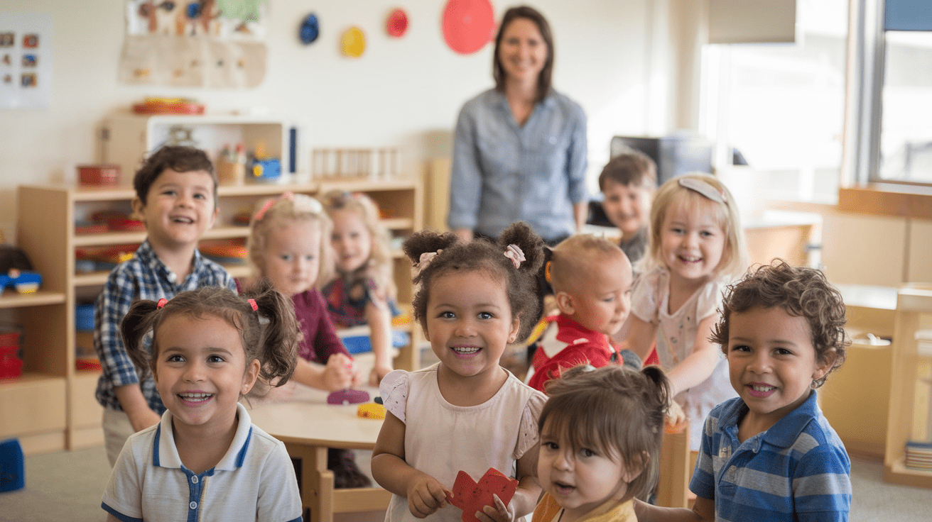 an image of safe happy children at a childcare centre as a teacher watches on