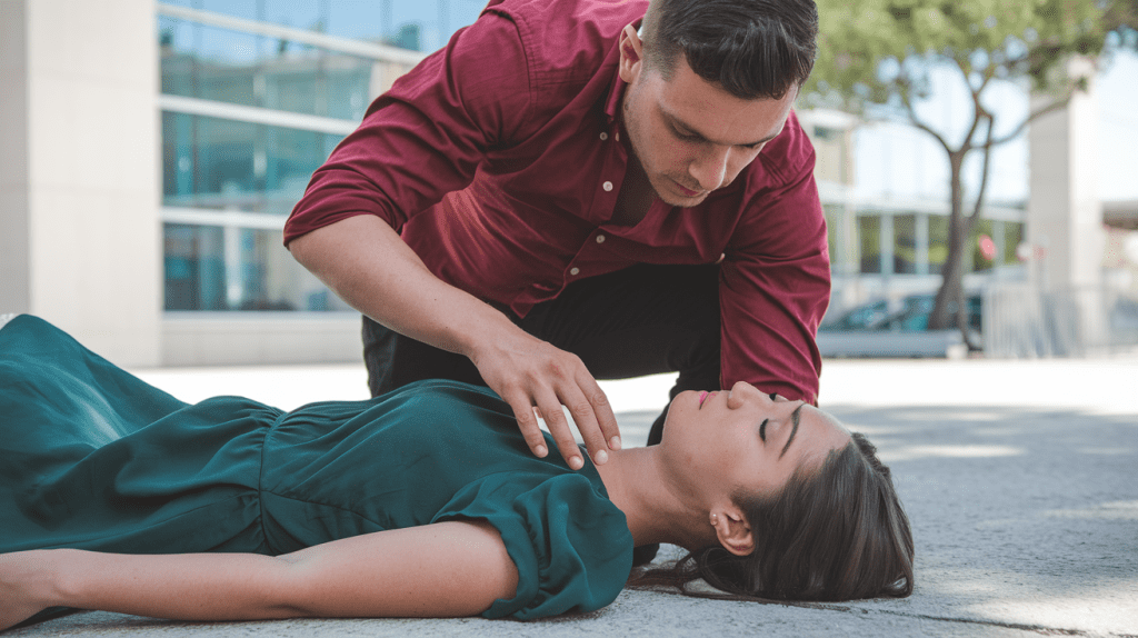 a man checks for response on an unconscious woman
