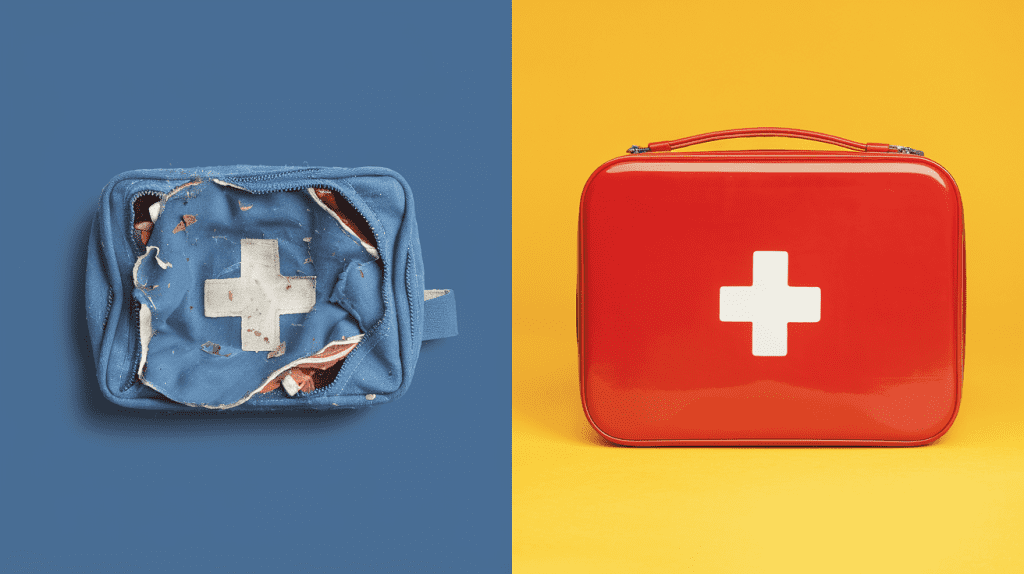 a damaged first aid kit and a new clean one