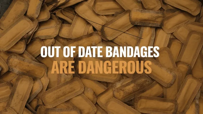 out of date bandages. Text Reading: Out of Date Bandages are Dangerous