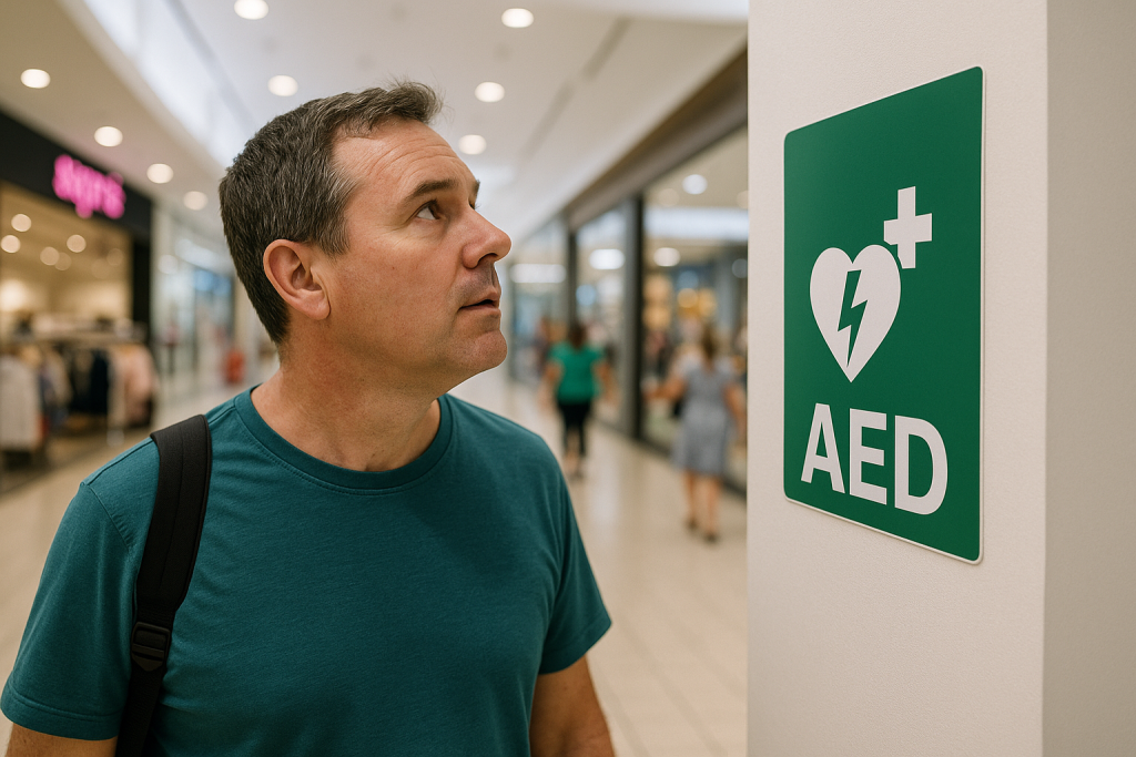 man in shopping centre noticing an aed sign and where the nearest aed is located