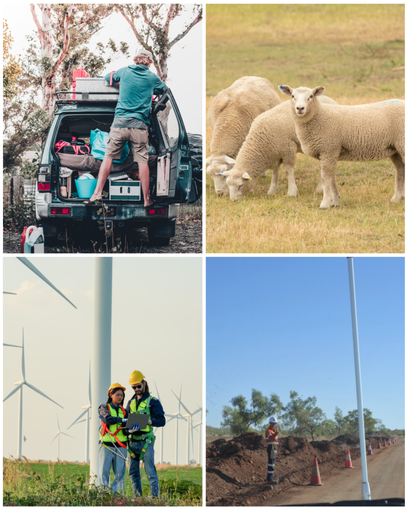 A photo collage of situations where understanding the importance of Remote first aid is required to be properly prepared - 4WD and Camping holidays, farming, wind farms and remote civil construction.