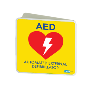 yellow poly AED angle bracket sign