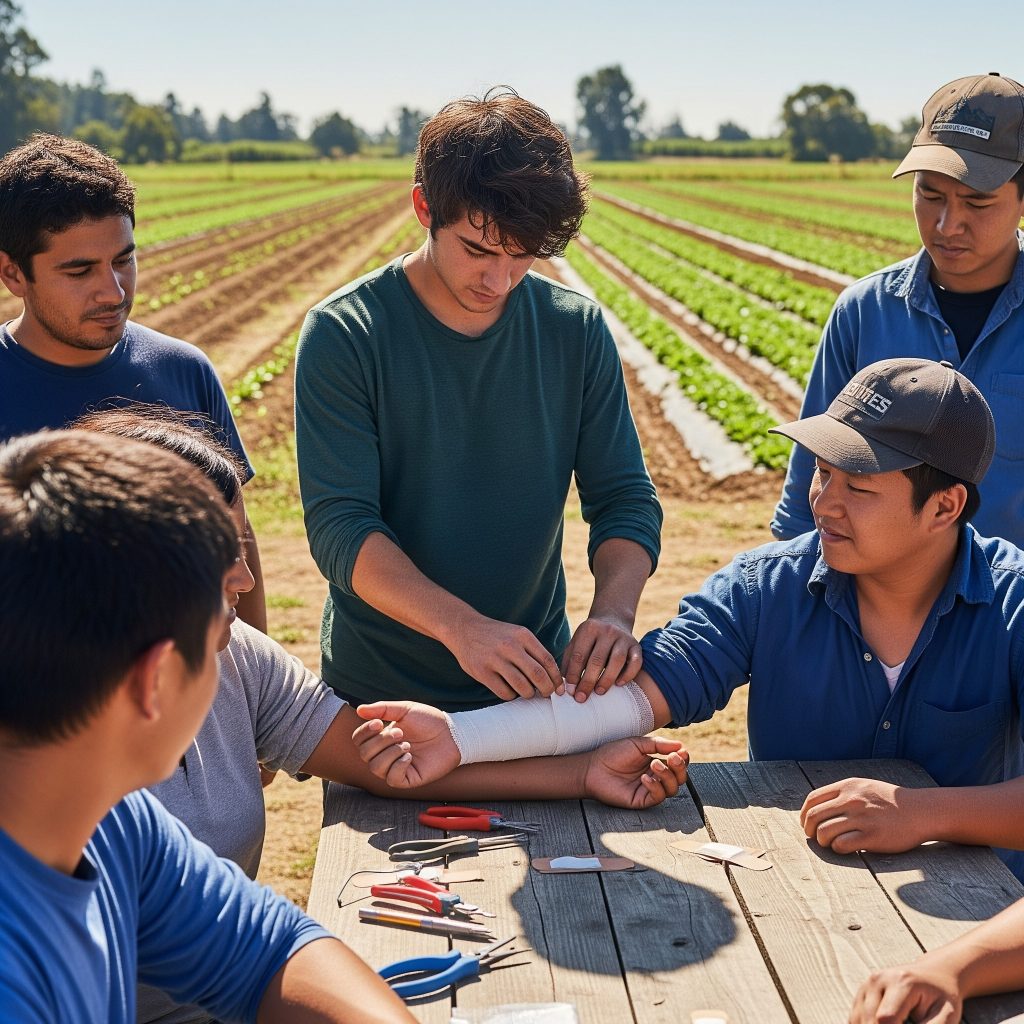 A group of farm workers practice bandaging in the field