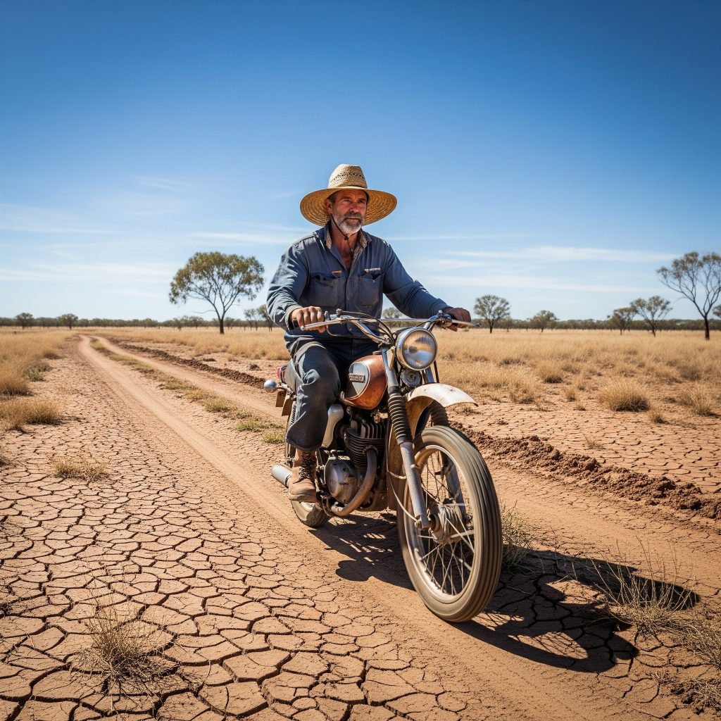 A farmer riding a motorbike on a dirt track in the outback. Always were a helmet when riding a motorbike