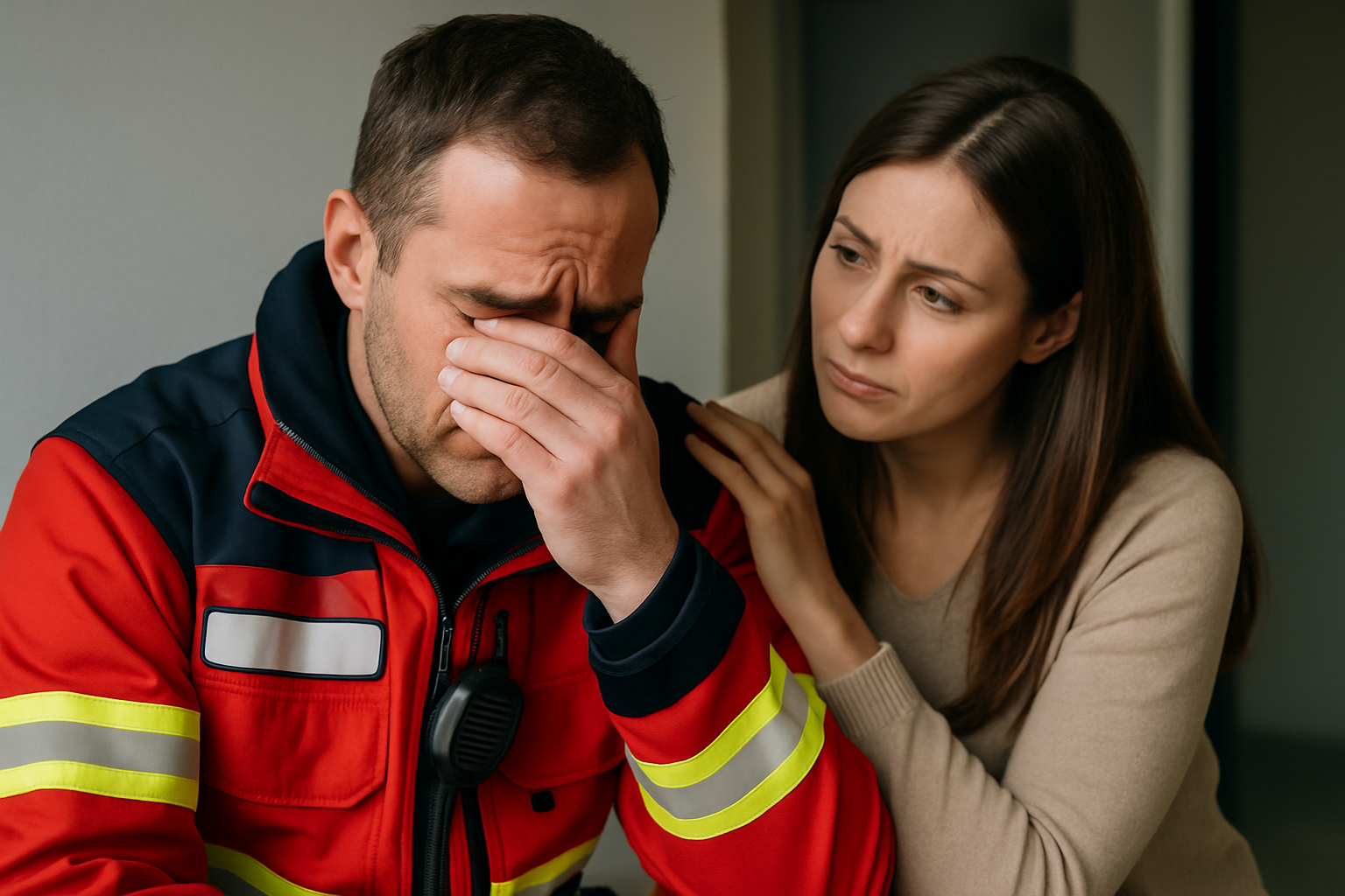 Woman consoling a distressed first responder in uniform, offering support for mental health